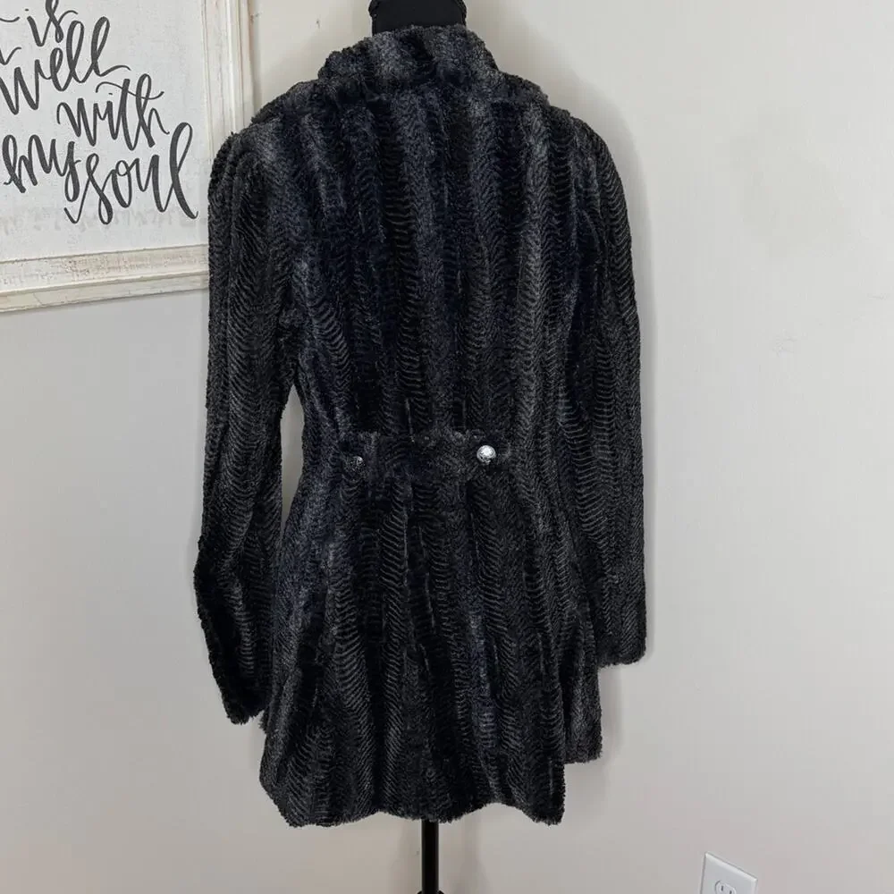 Free People Faux Fur Herringbone Swing Pea Coat Gray Black Rare Size 4